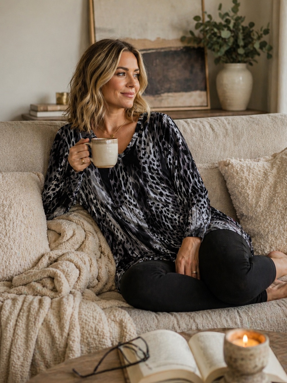 Soma Black Gray Animal Print Long Pajama Top Sz M comfy casual loungewear